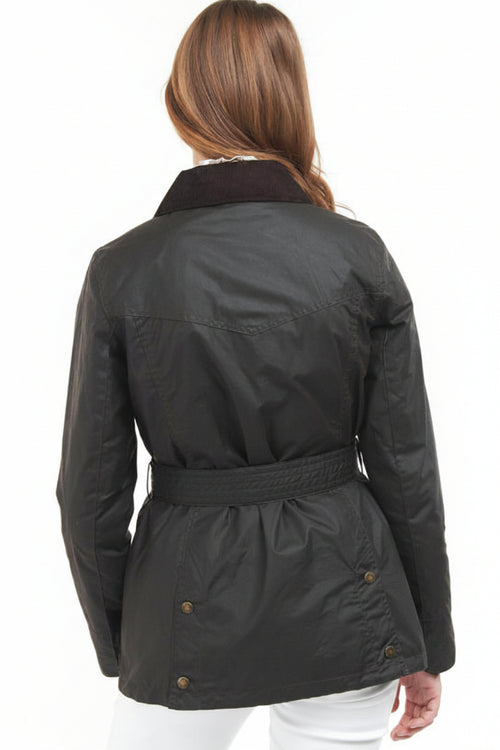 Women's belted waxed jacket, dark color, back view with belt and button details.