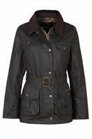 Women's hooded belted waxed jacket, dark color, button front, patch pockets, belt buckle.