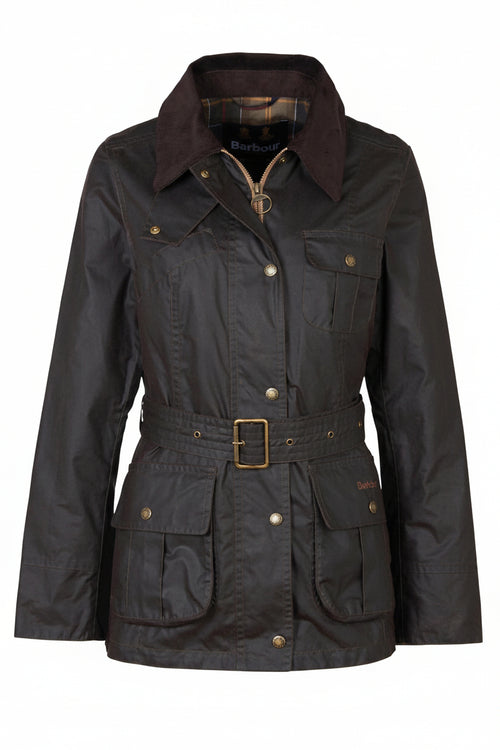 Women's hooded belted waxed jacket, dark color, button front, patch pockets, belt buckle.