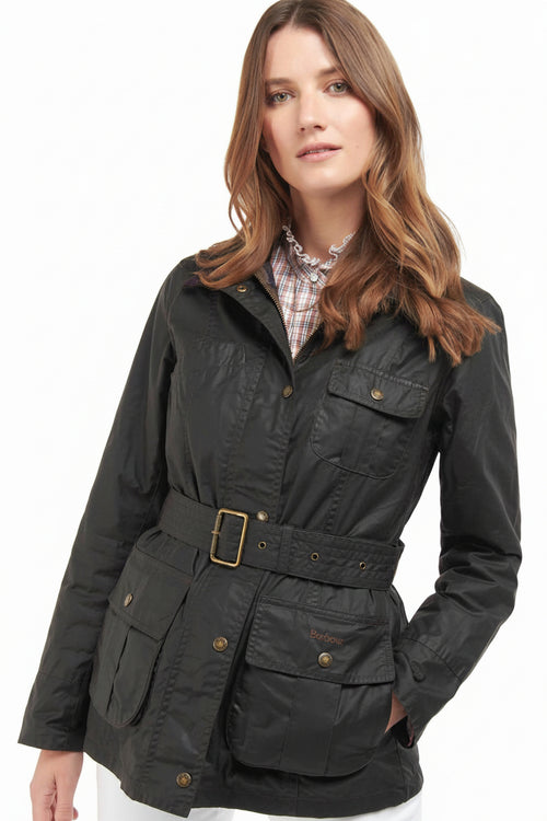 Women's belted waxed jacket with flap pockets, dark color, button front, belt buckle.