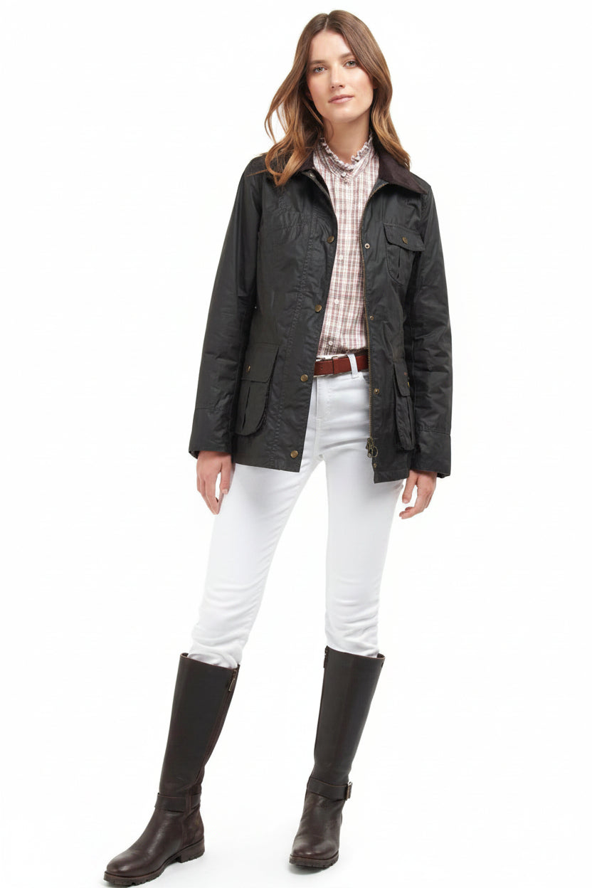 Women's belted waxed jacket with flap pockets, dark color, front view.
