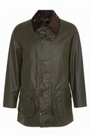 Barbour men's wax Beaufort jacket in olive green with dark brown buttoned collar