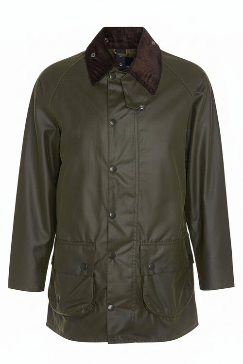 Barbour men's wax Beaufort jacket in olive green with dark brown buttoned collar