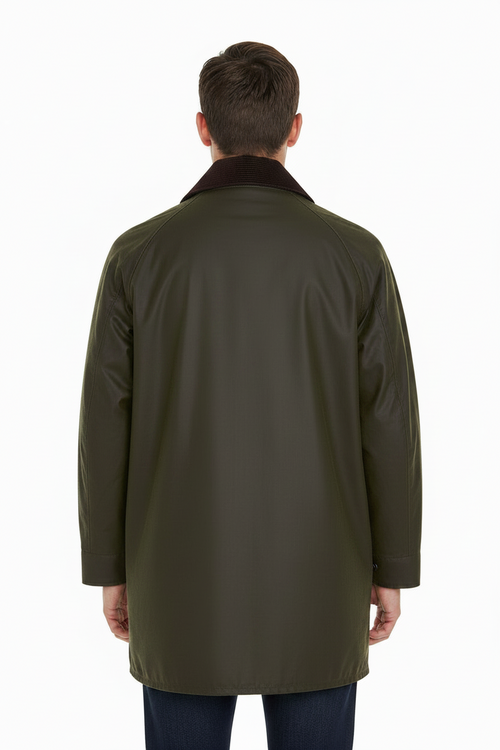 Barbour men's olive wax Beaufort jacket back view with center-seam and yoke