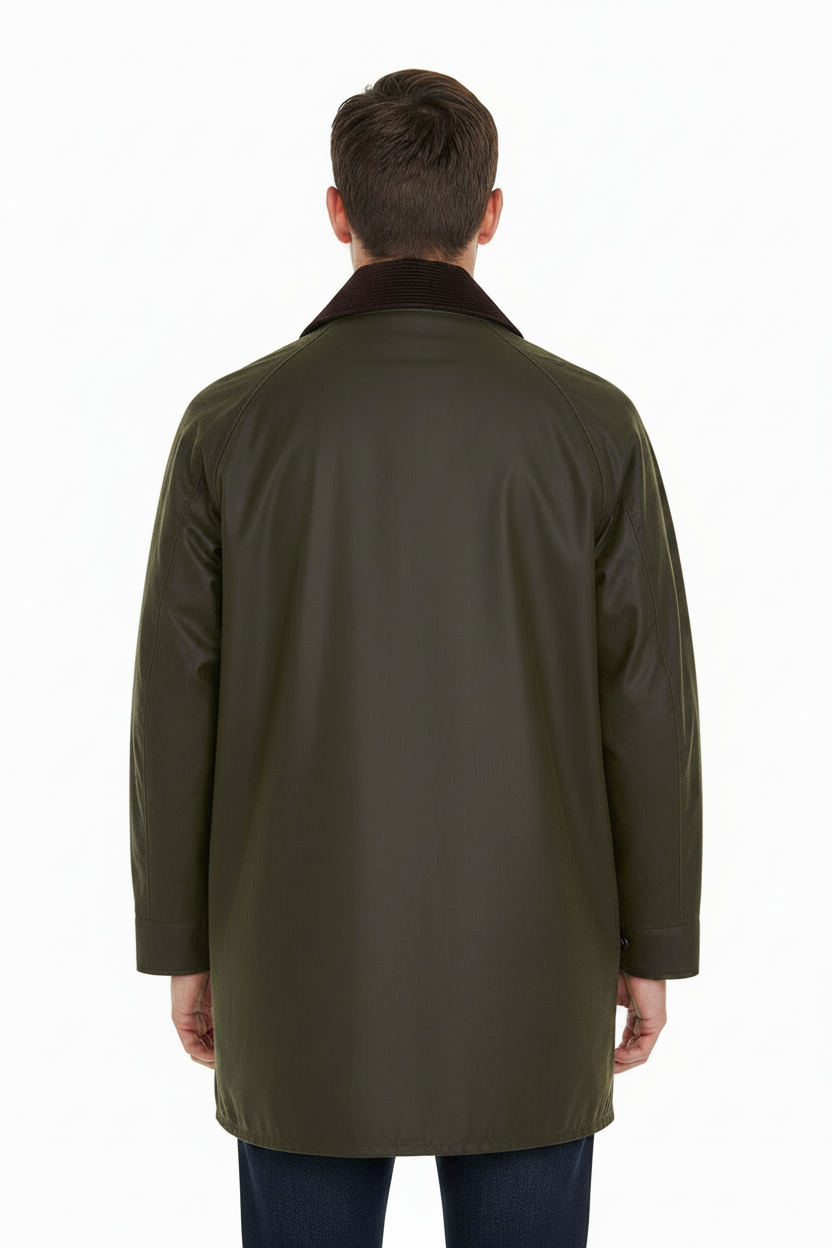Barbour men's olive wax Beaufort jacket back view with center-seam and yoke