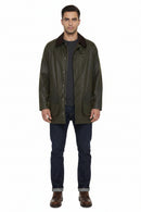 Barbour men's olive wax Beaufort jacket with dark brown collar and chest pockets