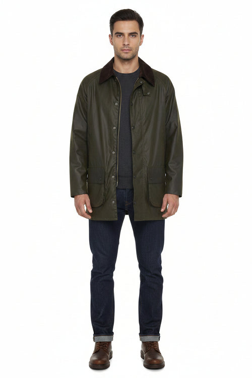 Barbour men's olive wax Beaufort jacket with dark brown collar and chest pockets