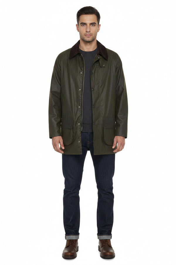 Barbour men's olive wax Beaufort jacket with dark brown collar and chest pockets
