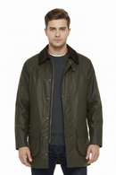 Barbour men's olive wax Beaufort jacket open front with dark brown collar detail