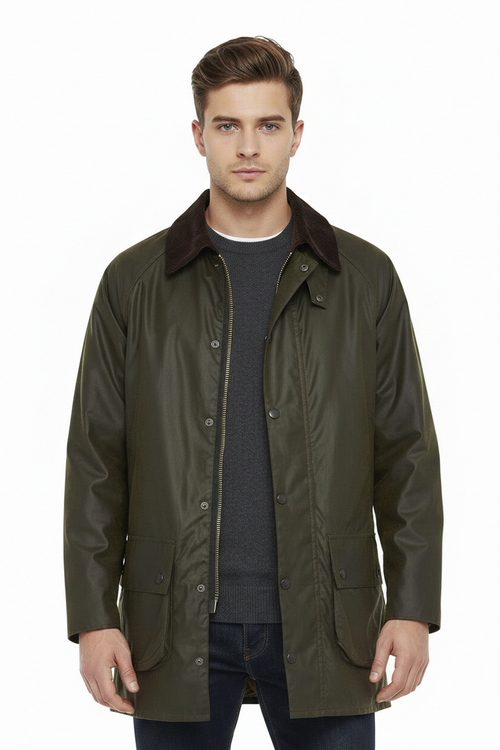 Barbour men's olive wax Beaufort jacket open front with dark brown collar detail
