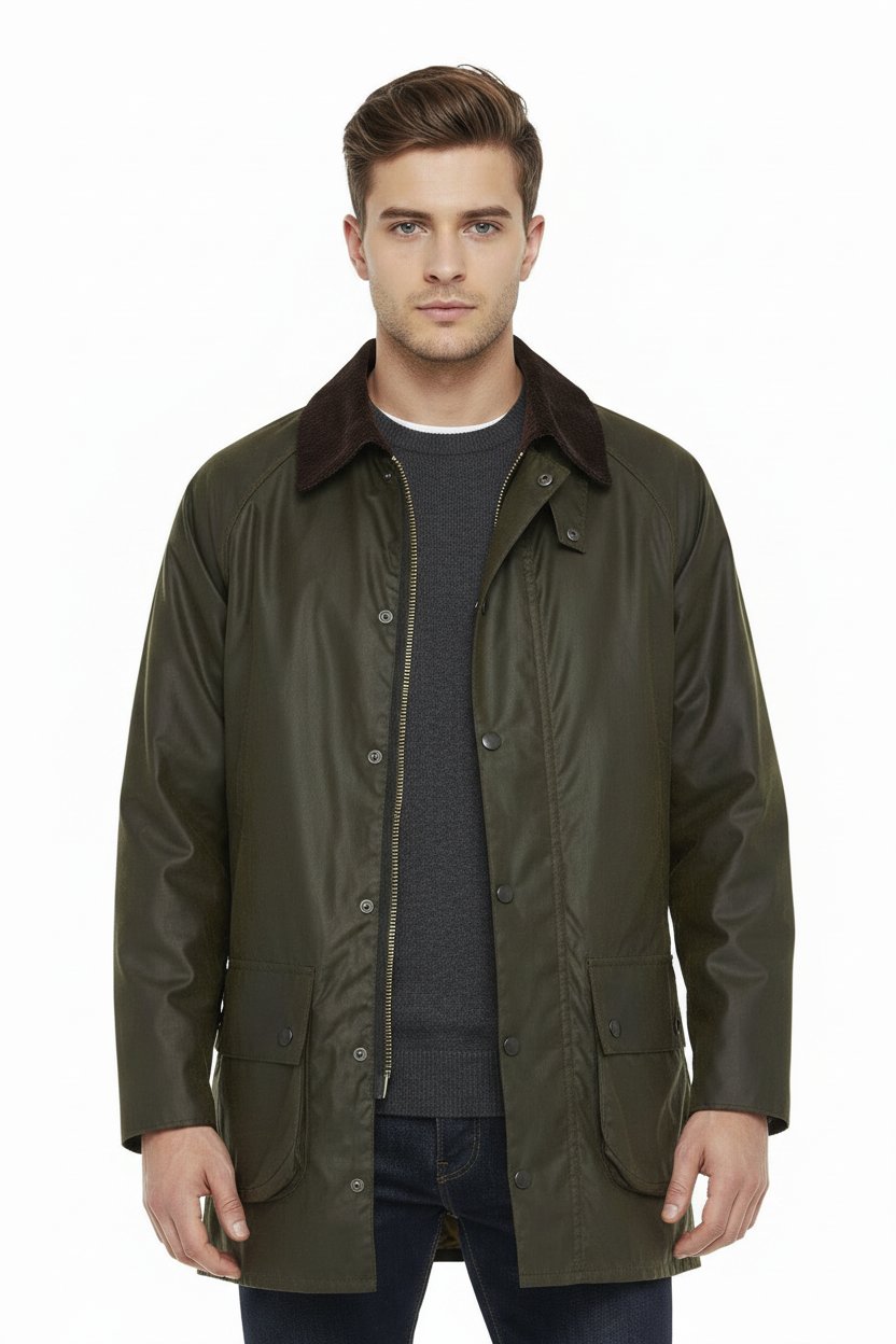 Barbour men's olive wax Beaufort jacket open front with dark brown collar detail