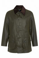 Barbour men's olive wax Beaufort jacket front with dark brown collar and button placket