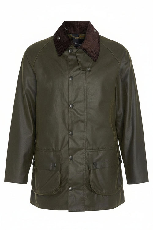 Barbour men's olive wax Beaufort jacket front with dark brown collar and button placket