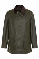 Barbour men's olive wax Beaufort jacket with dark brown collar and two side pockets