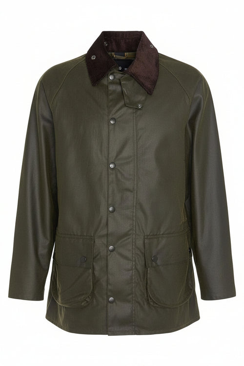 Barbour men's olive wax Beaufort jacket with dark brown collar and two side pockets