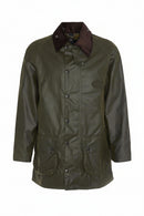 Barbour men's olive wax Beaufort jacket with dark brown collar and stitched front panels