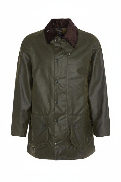 Barbour men's olive wax Beaufort jacket with dark brown collar and stitched front panels