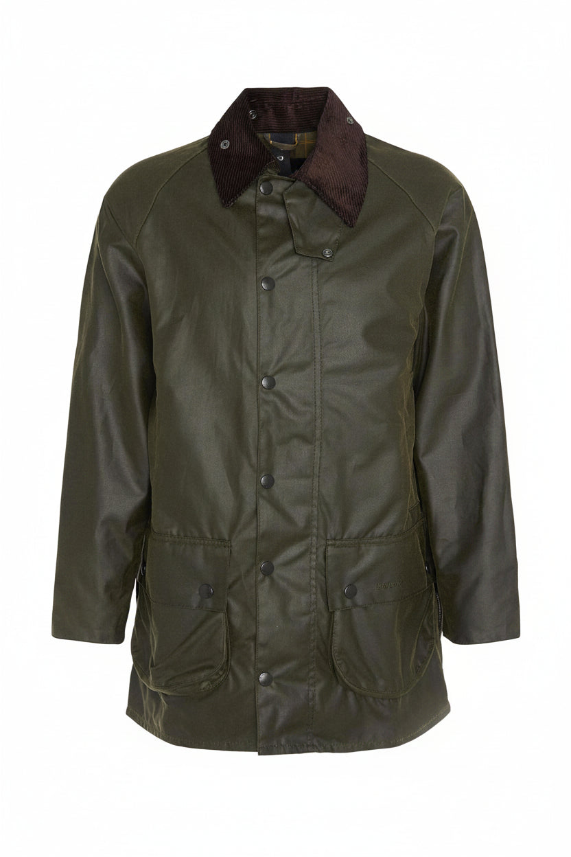 Barbour men's olive wax Beaufort jacket with dark brown collar and stitched front panels