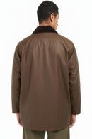 Barbour Beaufort wax jacket back view, dark brown with stand collar