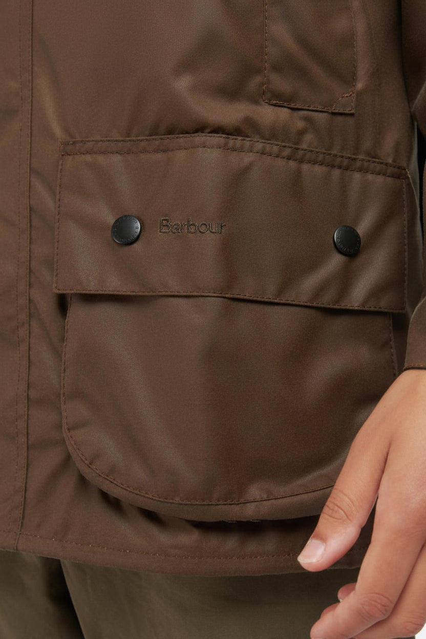 Barbour Beaufort wax jacket in bark brown, chest patch pockets with button flaps
