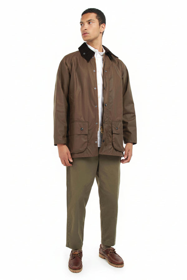Barbour Beaufort wax jacket, bark brown with button front, flap pockets, and stand collar