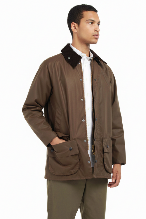 Barbour Beaufort wax jacket, bark brown with front snap placket, flap pockets, and collar