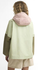 Colorblock showerproof jacket with hood, green body, pink hood lining, back view