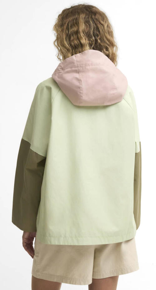 Colorblock showerproof jacket with hood, green body, pink hood lining, back view