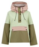 Colorblock showerproof jacket with drawstring hood, pink placket pocket, button front