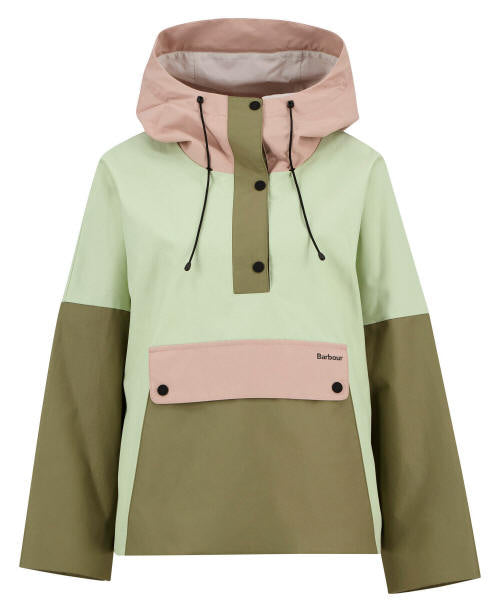 Colorblock showerproof jacket with drawstring hood, pink placket pocket, button front