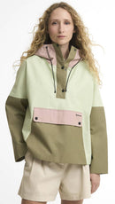 Colorblock showerproof jacket with drawstring hood and button placket, green and olive