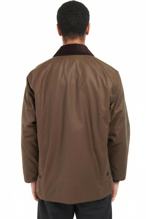 Men's Barbour waxed Bedale jacket back view in bark brown with button placket