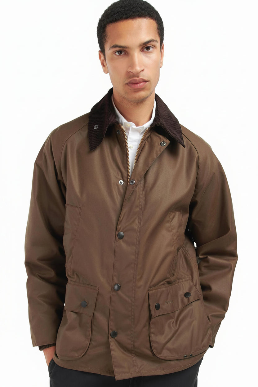 Men's Barbour waxed Bedale jacket in bark brown, button-front, corduroy collar