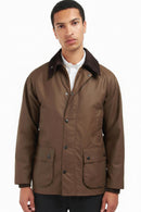 Men's Barbour waxed Bedale jacket front view in bark brown with cord collar buttons