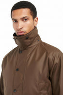 Men's Barbour waxed Bedale jacket front with cord collar and button placket, bark