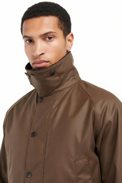 Men's Barbour waxed Bedale jacket front with cord collar and button placket, bark