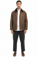 Men's Barbour waxed Bedale jacket with button front and four pockets, bark brown