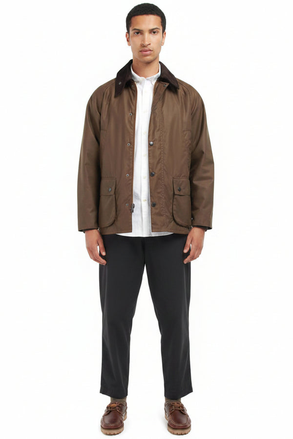 Men's Barbour waxed Bedale jacket with button front and four pockets, bark brown