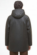 Dark olive hooded wax parka jacket, back view with full-length coverage.