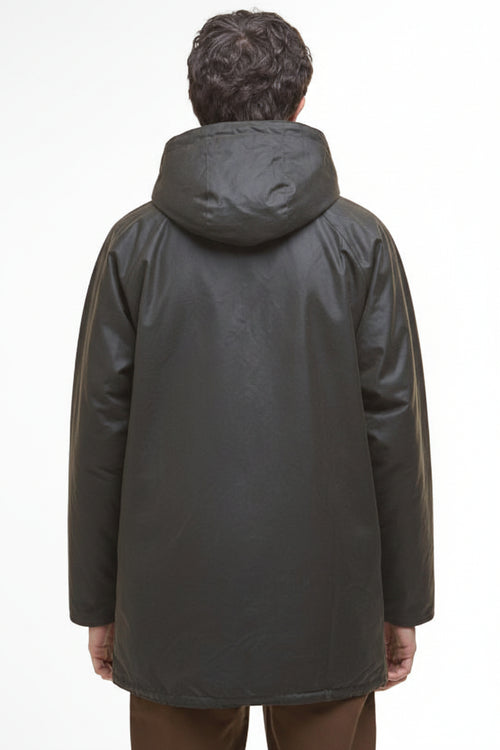 Dark olive hooded wax parka jacket, back view with full-length coverage.