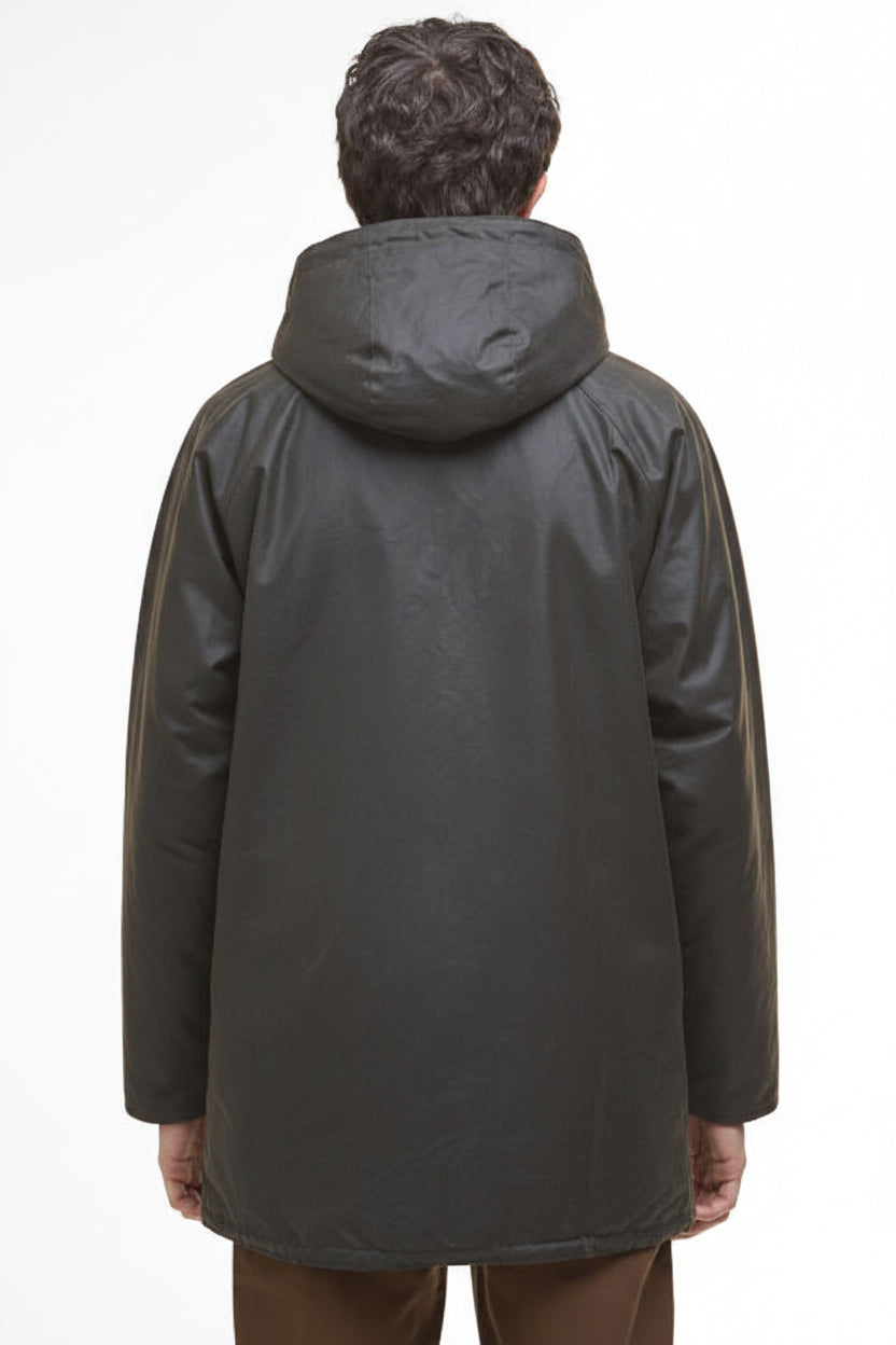 Dark olive hooded wax parka jacket, back view with full-length coverage.