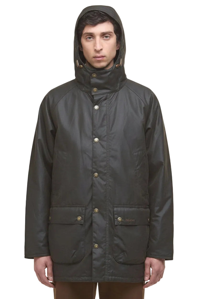 Dark olive hooded wax parka jacket with front buttons and chest pockets.