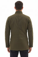 Back view of Barbour wax jacket in olive green with center seam and flap pockets