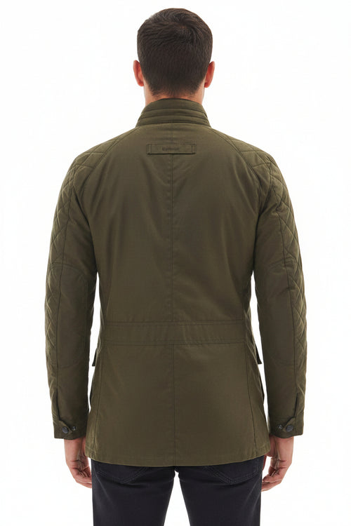 Back view of Barbour wax jacket in olive green with center seam and flap pockets