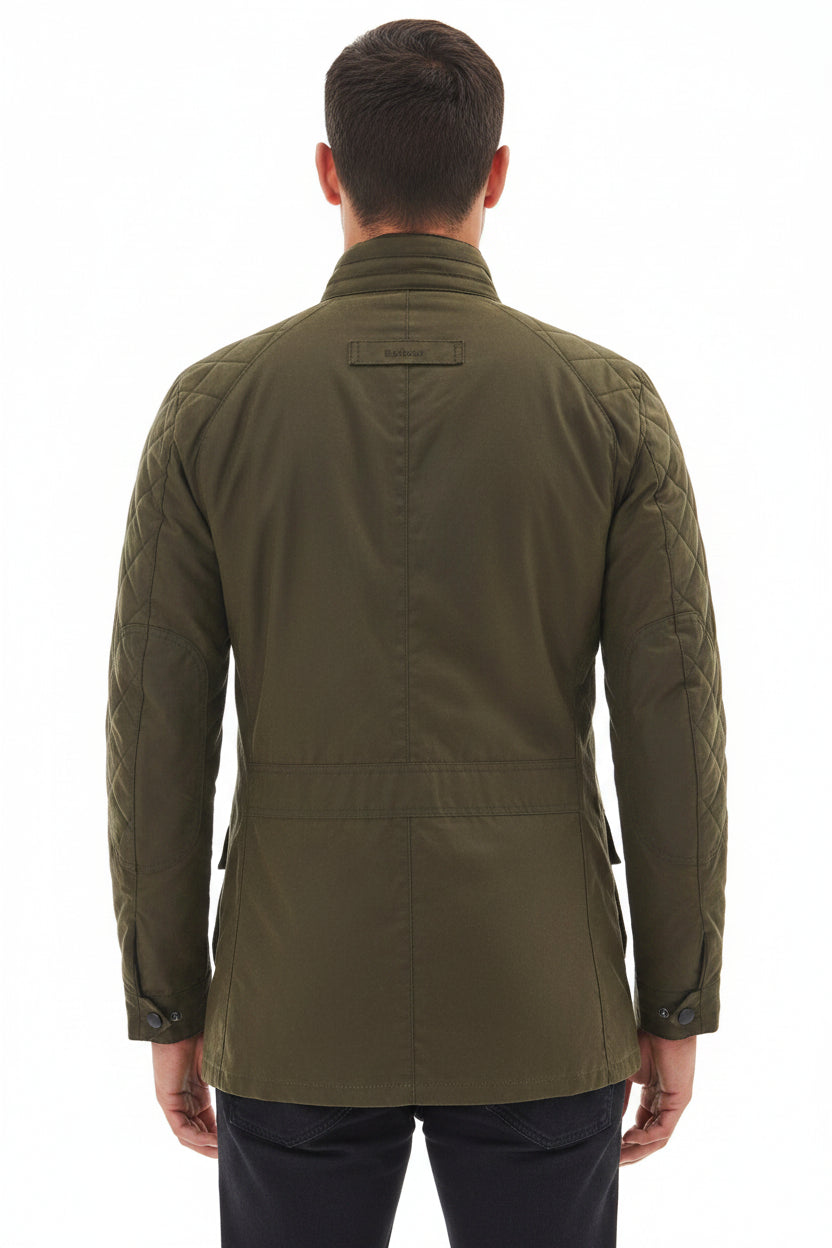 Back view of Barbour wax jacket in olive green with center seam and flap pockets