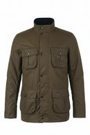 Barbour wax jacket in olive-brown with stand collar and snap-flap utility pockets