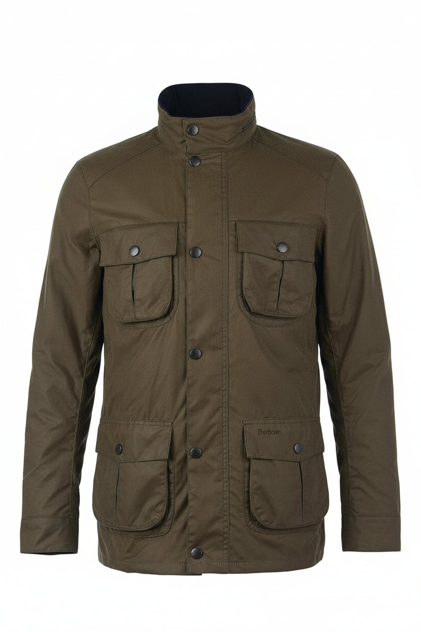 Barbour wax jacket in olive-brown with stand collar and snap-flap utility pockets