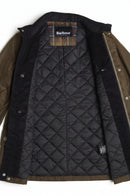 Barbour dark quilted jacket lining with front zipper visible under open coat