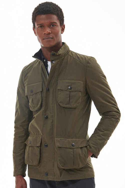 Barbour wax jacket in olive green with button front and four utility pockets