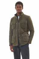 Barbour wax jacket in olive green with stand collar, button front, and chest pockets